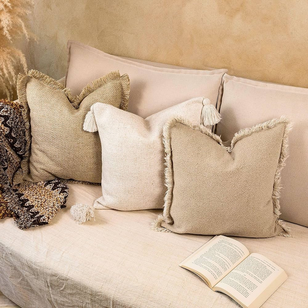 Amazon.com: 5F Balcony Decorative Boho Throw Pillow Covers 18 × 18 Set of 3 - Neutral Linen Cott... | Amazon (US)
