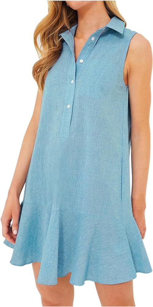 Women Sleeveless Mini Dress Button Down Shirt Dress V Neck Reffle Hem Cotton Linen Tunic Short Dr... | Amazon (US)