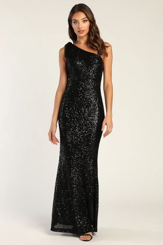 Effortless Sparkle Black Sequin One-Shoulder Mermaid Maxi Dress | Lulus (US)