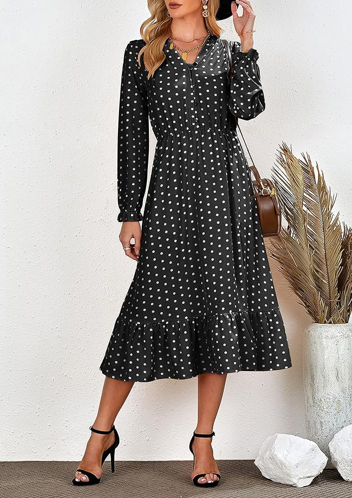 PRETTYGARDEN Women Ruffle Long Sleeve Polka Dot V Neck Button Slit Chiffon Dress Boho Flowy A-Line L | Amazon (US)