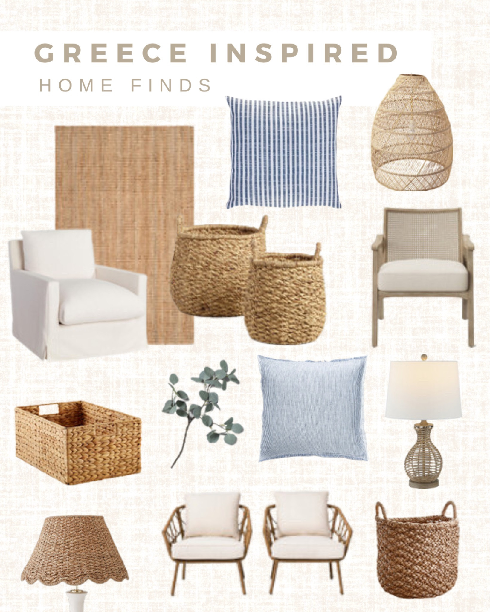 Greece inspired home decor! 

#greece #home #rattan #greekinspo #bohohome #raffia #seagrass #coastalhome #neutralhome #whicker 

#LTKeurope #LTKhome #LTKtravel