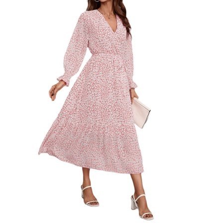 Blotona Women Flowy Wrap Midi Dresses Long Sleeve V Neck Boho Floral Print High Waisted Ruffle Hem F | Walmart (US)