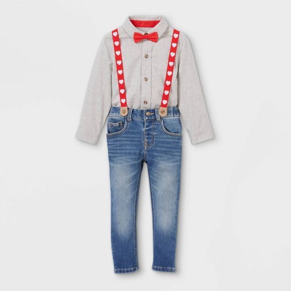 Toddler Boys' Valentine's Day Denim Suspender Set with Woven Long Sleeve Shirt and Bowtie - Cat &... | Target