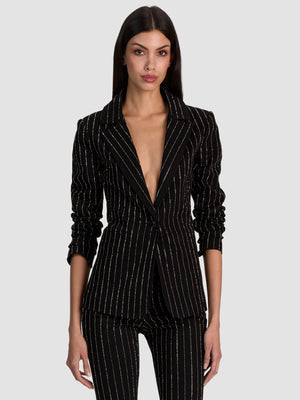 Macey Embellished Denim Blazer - Black/Clear Crystal | Alice + Olivia