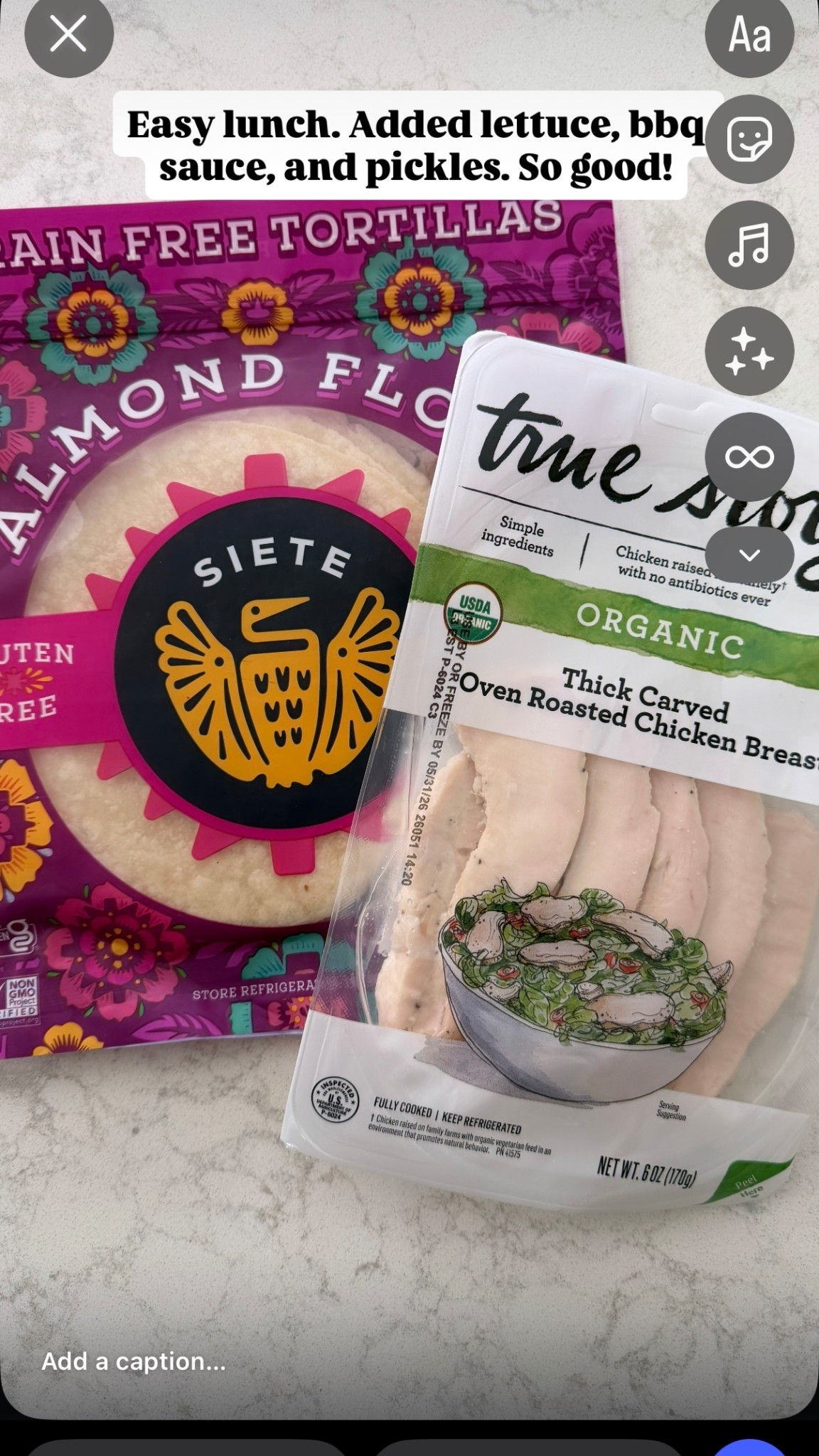 Easy high protein lunch! Added lettuce, BBQ sauce, and pickles. Done in 3 minutes and kept me full for hours.

Siete almond flour tortilla + organic roasted chicken.

#highproteinlunch #healthymealideas #targetgroceryfinds #glutenfreewrap #quickhealthymeal #easylunchideas

#LTKfoodie #LTKdayinmylife #LTKfitnessgoals
