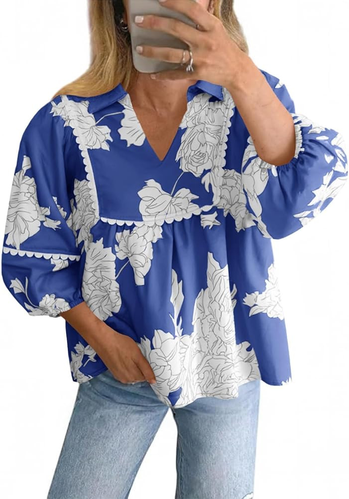 Tankaneo Floral Babydoll Tops Pleated Blouse Loose Fit Shirts | Amazon (US)