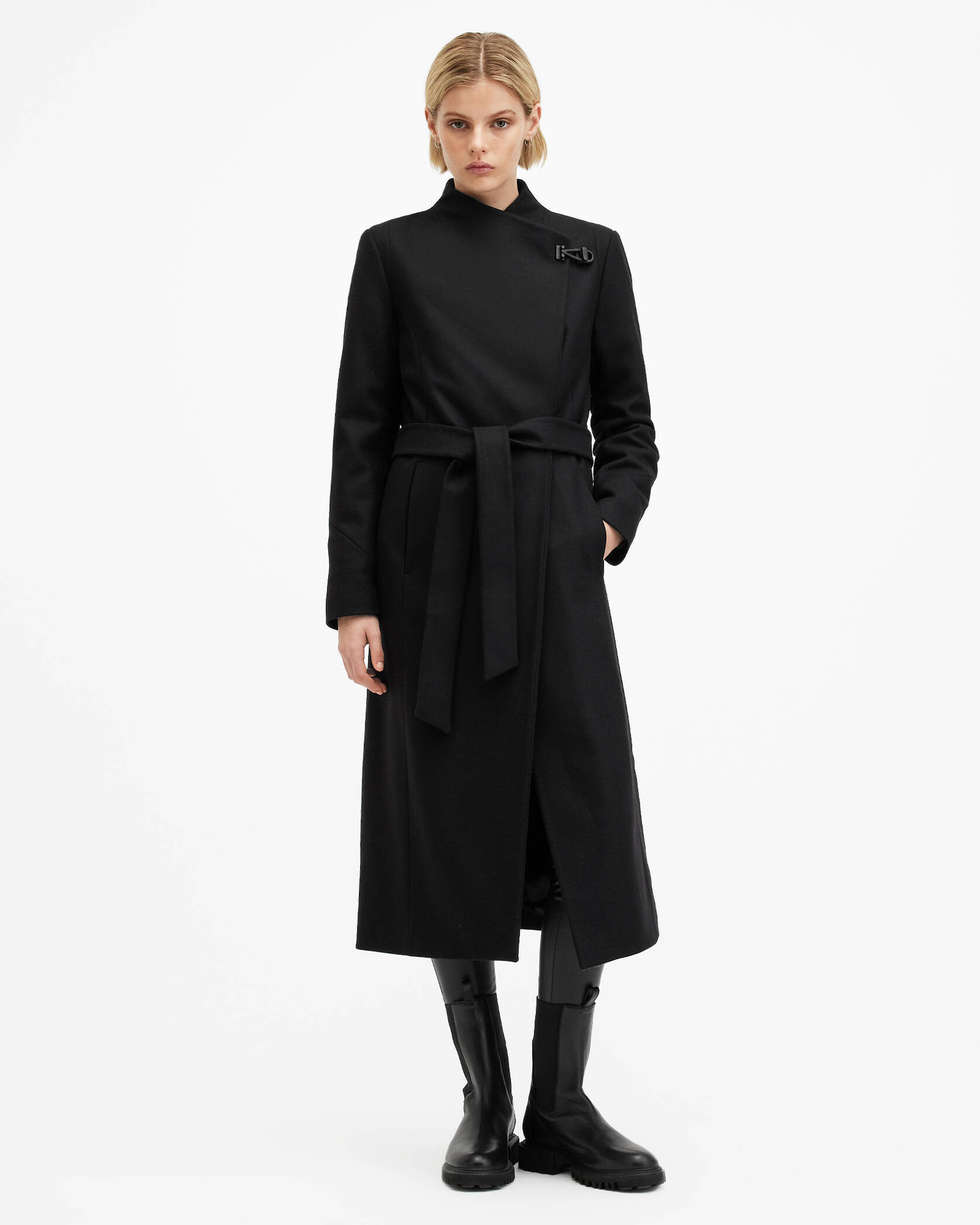 Riley Wrap Around Belted Long Line Coat Black | ALLSAINTS US | AllSaints US