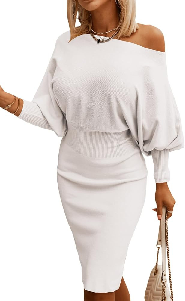Dokotoo Women's Elegant Off Shoulder Long Lantern Sleeve Sweater Dress Elastic Waist Bodycon Mini... | Amazon (US)