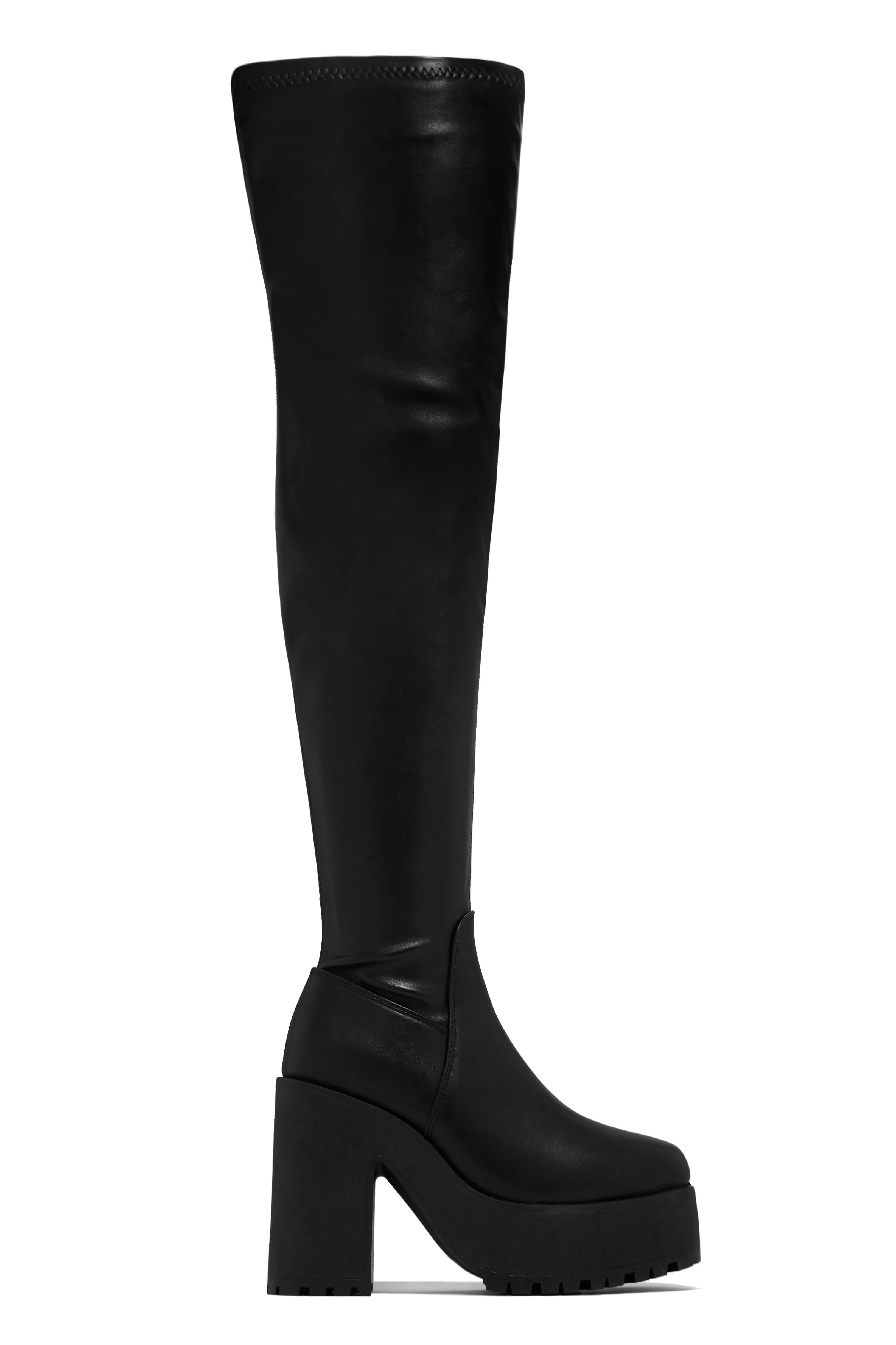 Miss Lola | Kari Black Over The Knee Platform Block Heel Boots | MISS LOLA