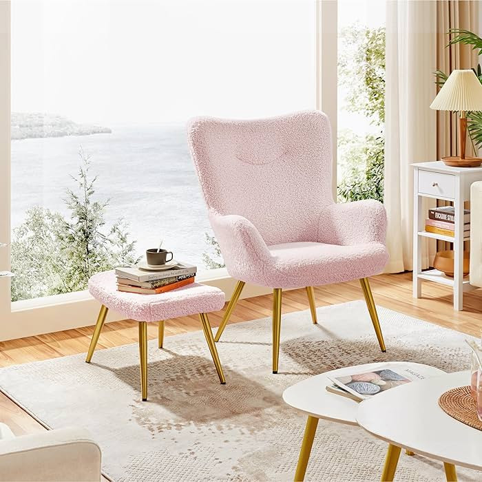 Yaheetech Accent Chair with Ottoman, Boucle Fabric Armchair Footstool, Modern and Cozy Vanity Cha... | Amazon (US)