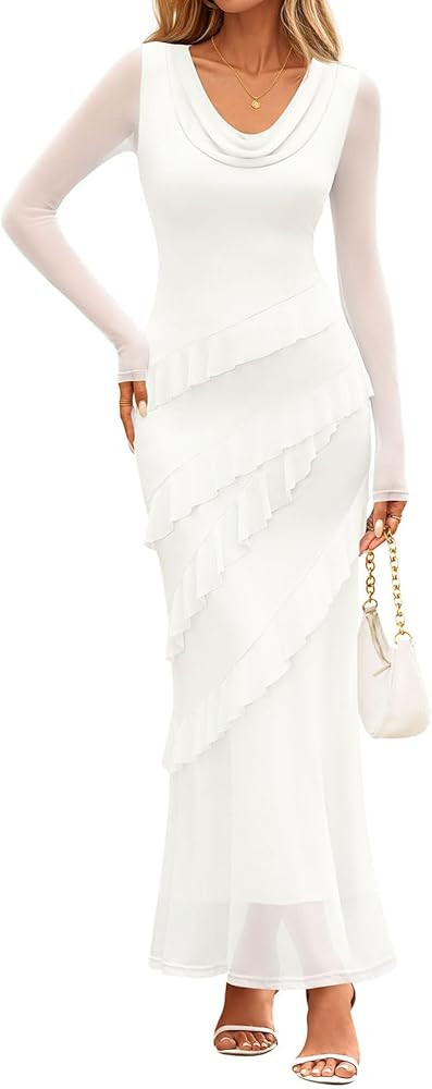 MEROKEETY Women's Fall Floral Long Sleeve Maxi Dress 2025 Cowl Neck Wedding Guest Ruffle Mesh Coc... | Amazon (US)