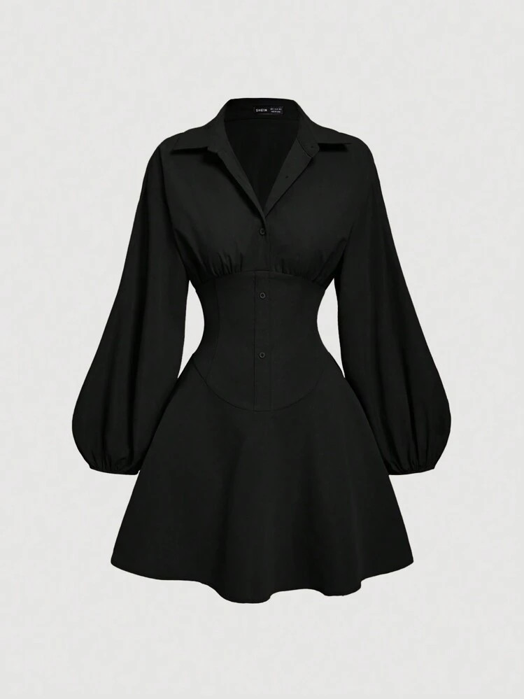 SHEIN MOD Women's Fitted Long Sleeve Khaki Shirt Dress With Puff Sleeves,Oversized Women Shirt,Bu... | SHEIN