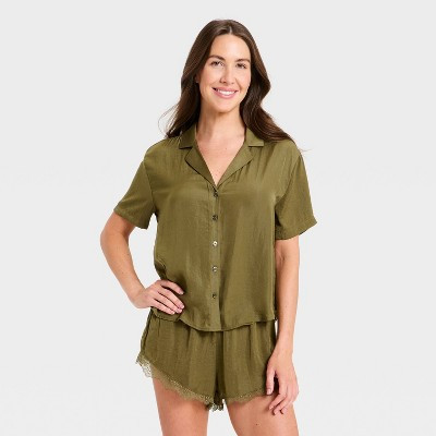 Women's Luxury Collection Satin Notch Collar Top and Lace Trim Shorts Pajama Set - Auden™ Olive Green M | Target