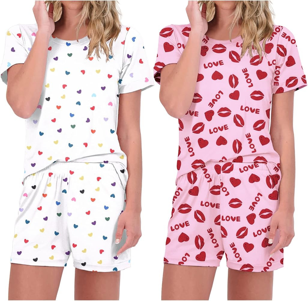 Ekouaer 2 Pack Pajamas Short Sleeve Top with Shorts Sets Comfy Pjs Lounge Sets Sleepwear for Wome... | Amazon (US)