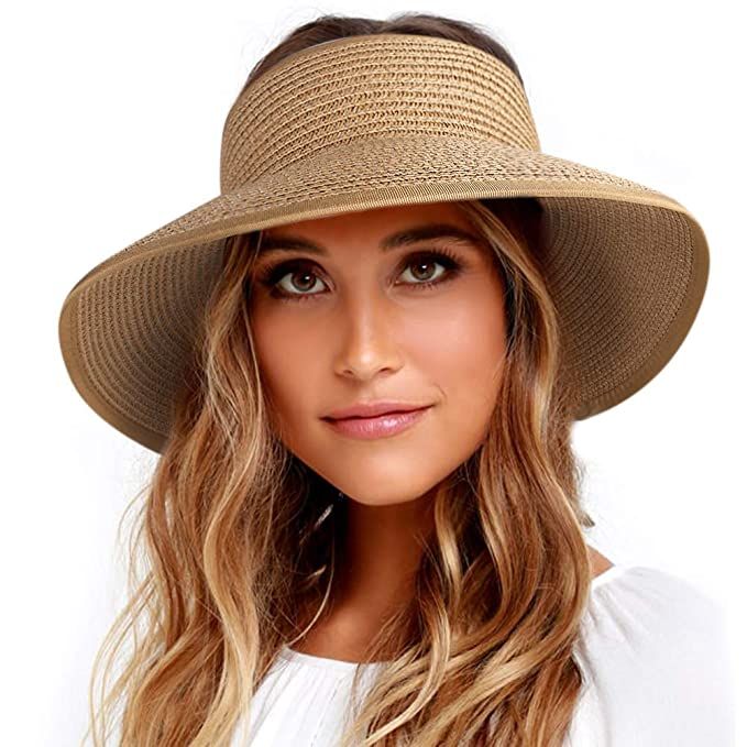 Sun Visor Hats for Women Wide Brim Straw Roll Up Ponytail Summer Beach Hat UV UPF 50 Packable Fol... | Amazon (US)