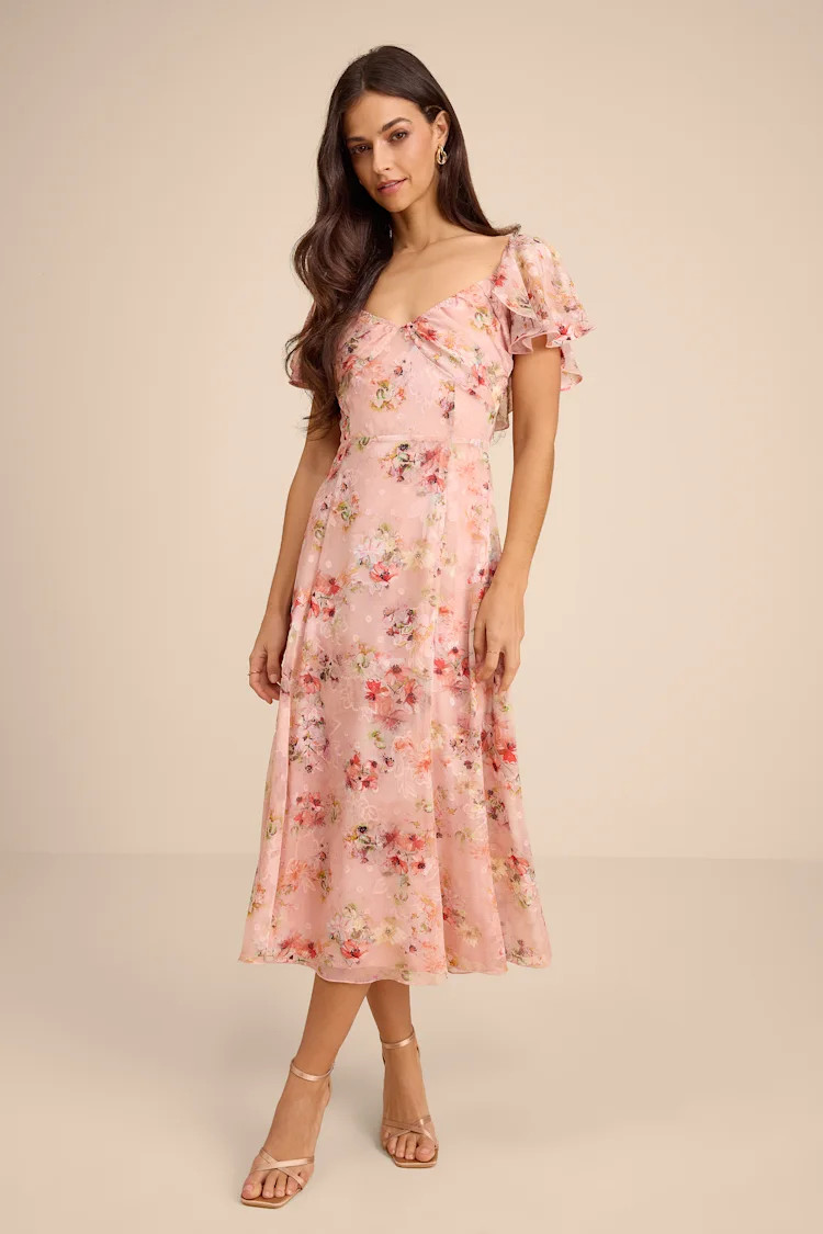 Camillo Blush Floral Jacquard Flutter Sleeve Midi Dress | Lulus