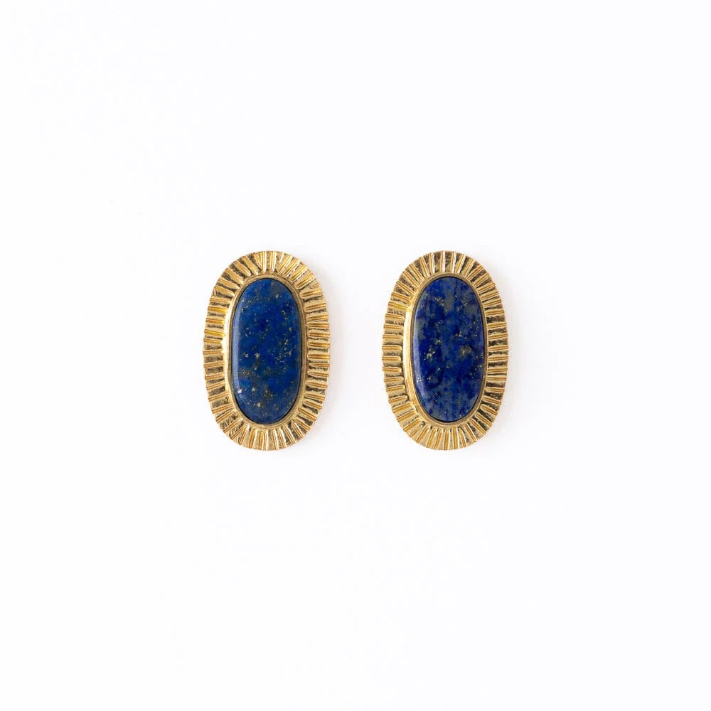 Daphne Oval Stone Lapis Post Earrings Framed In Brass | INK+ALLOY