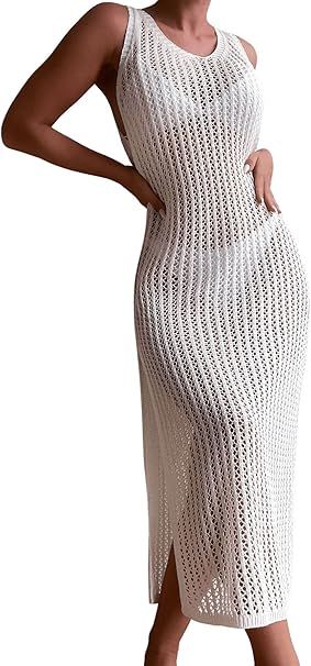 Verdusa Women's Crochet Cover Ups Hollow Out Bikini Swimwear Split Long Beach Dress | Amazon (US)