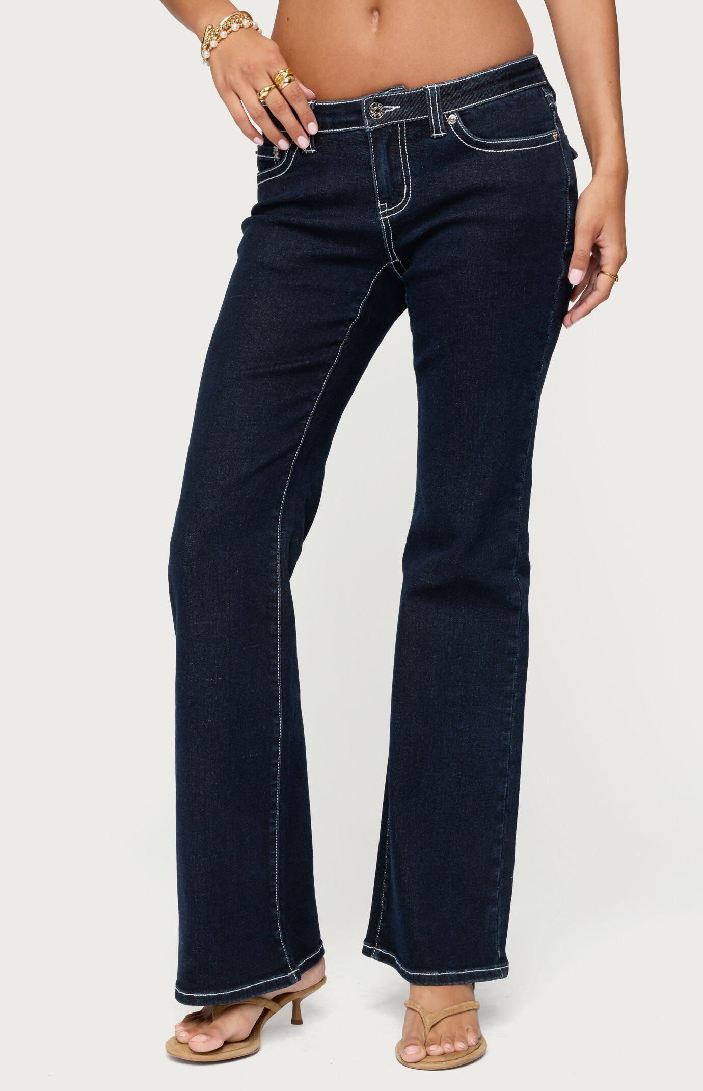 Edikted Women's Louis Contrast Low Rise Jeans in Dark Blue - Size XS | PacSun