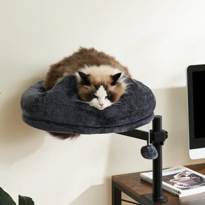 Adjustable Height Desk-Mounted Cat Bed, 360° Rotating Cat Perch with Clamp-On Design, Cozy Plush Cat Nest with Pom-Pom Toy | Wayfair North America