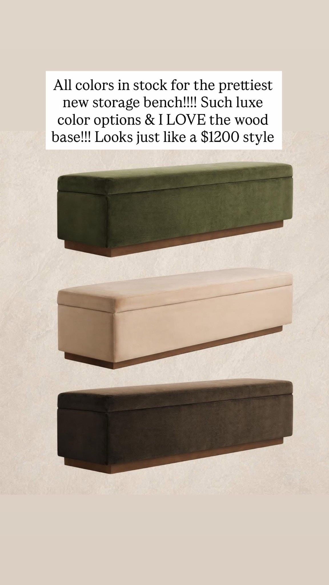 All colors in stock prettiest new storage bench!!!! Such luxe color options & I LOVE the wood base!!! Looks just like a $1200 style