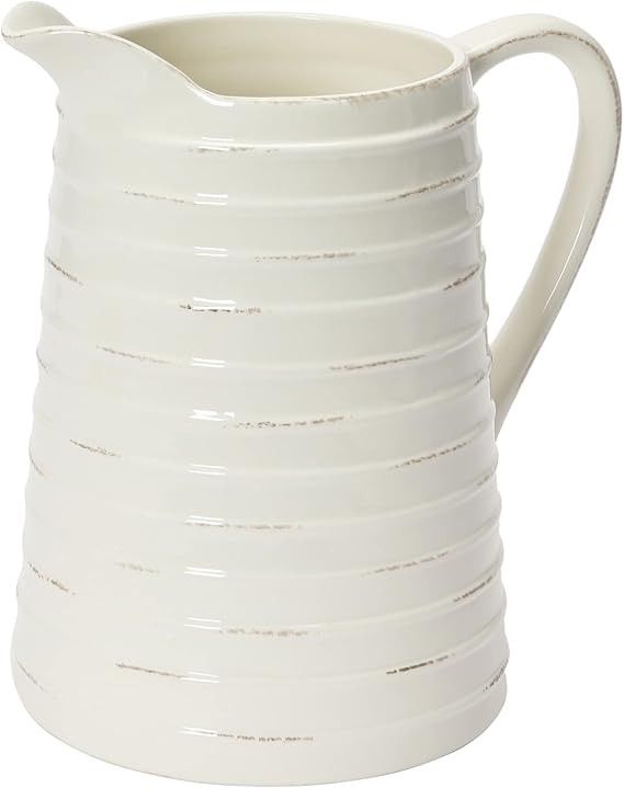 Creative Co-Op Farmhouse Embossed Stripe Ceramic Pitcher, Distressed White | Amazon (US)