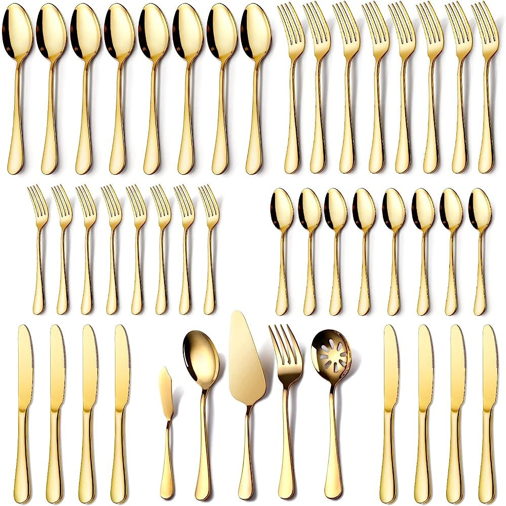 OGORI 45-Piece Gold Silverware Set for 8, Stainless Steel Flatware Set with Serving Set, Cutlery ... | Amazon (US)