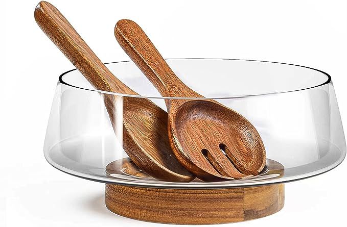 Extra Large Glass Salad Bowl Set - Salad Bowls for Party with Acacia Wood Base and Salad Serving ... | Amazon (US)