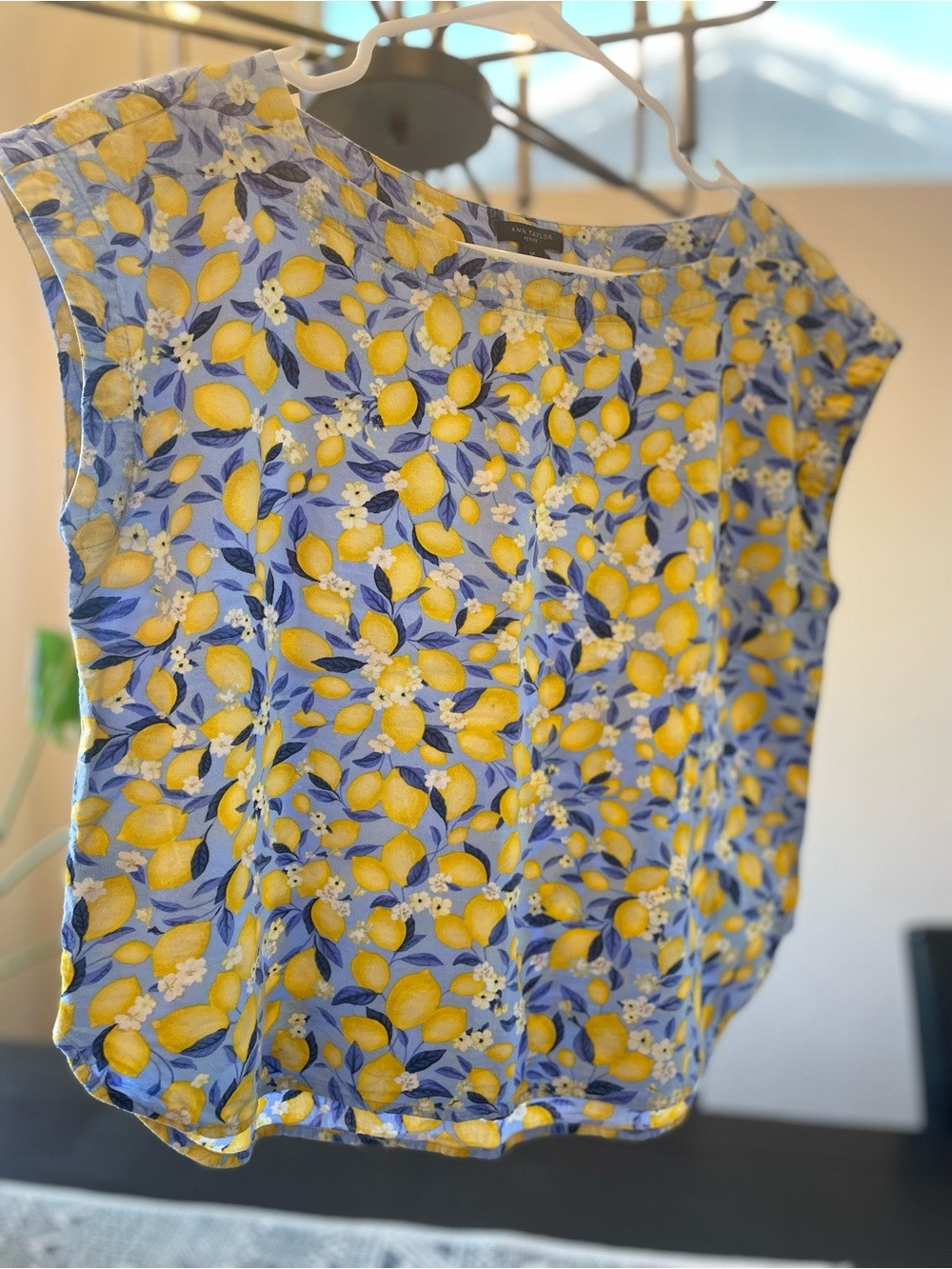 Ann Taylor Yellow & Blue Lemon Blossom Print Cap Sleeve Soft Linen Top | Poshmark