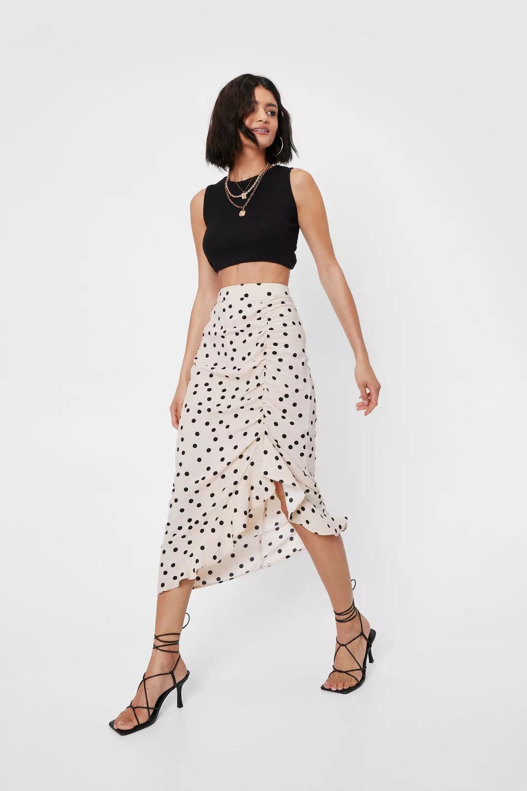 High Waisted Spotty Ruched Midi Skirt | Nasty Gal (US)