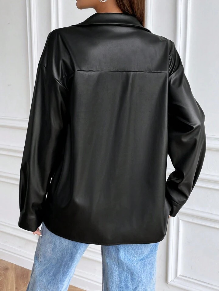 SHEIN MOOSTA Women's PU Leather Jacket With Lapel Collar, Long Sleeve, Casual Street Style Fashio... | SHEIN
