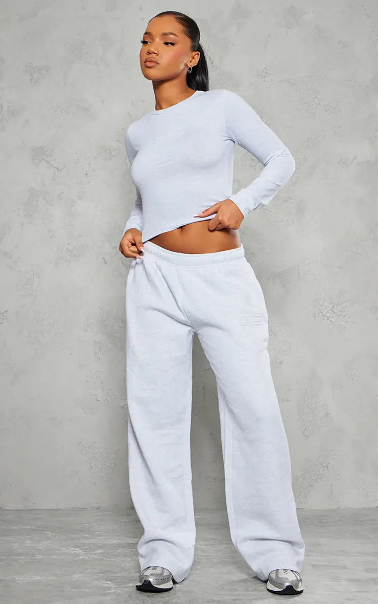 Grey Marl Embossed Studio Archives Wide Leg Joggers | PrettyLittleThing UK