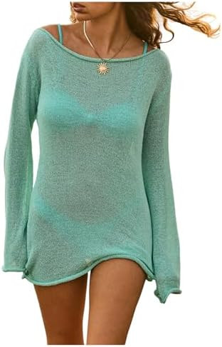 Women's Off Shoulder Knit Beach Dress See Through Long Sleeve Swimsuit Coverups Dresses Beachwear | Amazon (US)