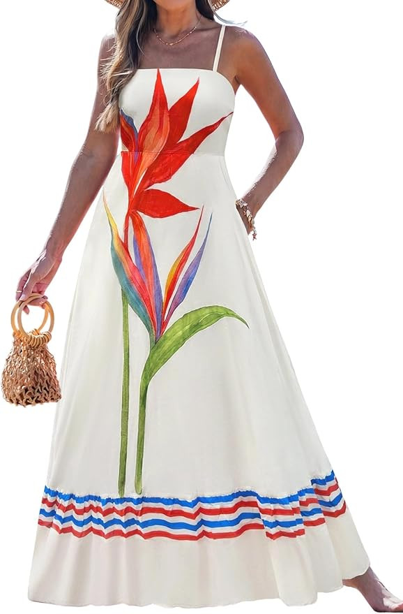 popvil Women Summer Maxi Dress 2026 Spaghetti Strap Long Beach Dress Boho A-Line Flowy Casual Sle... | Amazon (US)