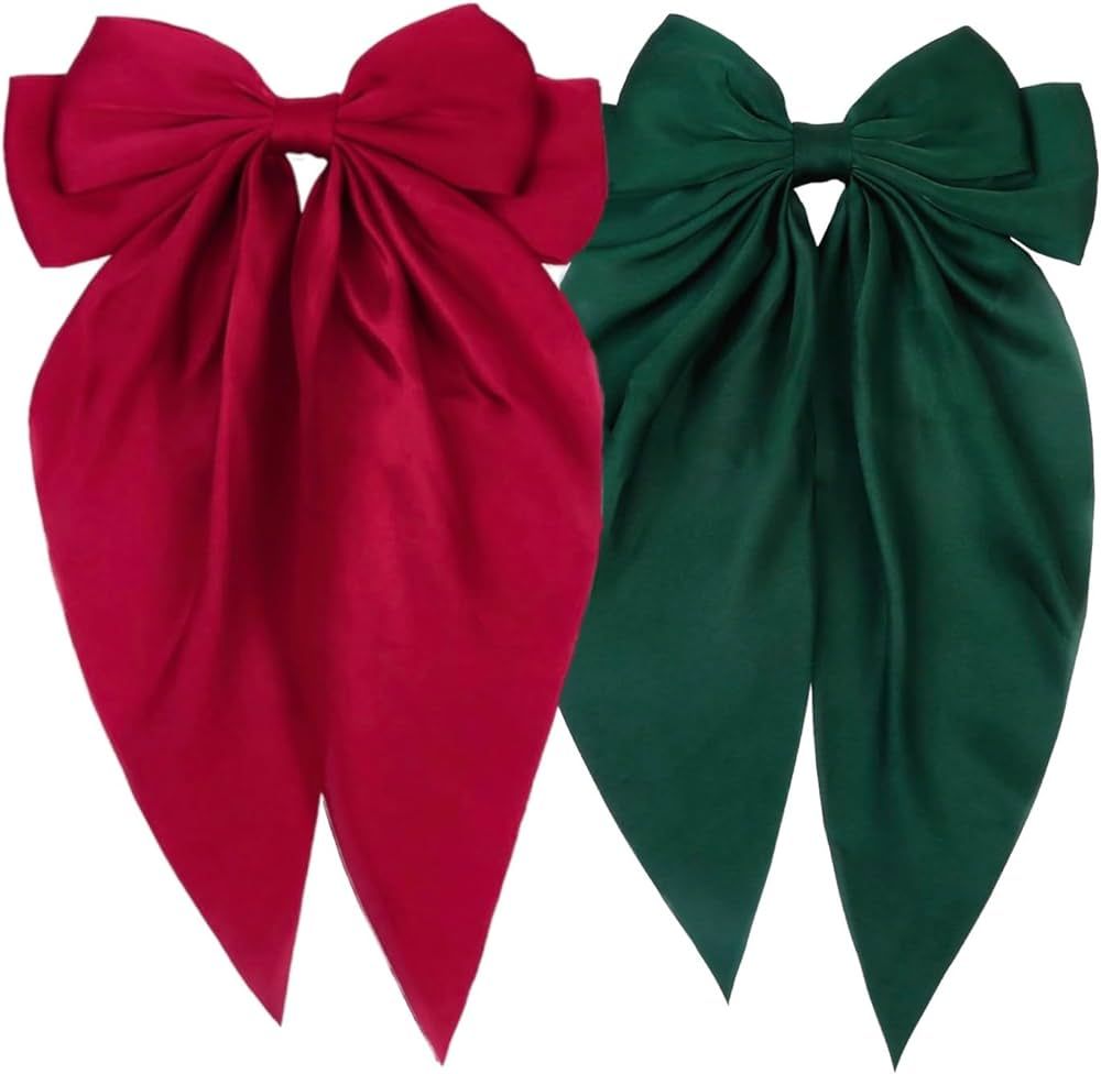 Christmas Hair Bows for Women Girls Silky Satin Big Hair Bow Clips Red Green Bowknot Hair Clips w... | Amazon (US)