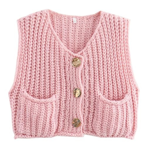 Women Y2k Sleeveless Button Down Knit Vest Casual Knitted Cardigan Short Cardigan with Pockets Vest Streetwear (Pink, S) | Amazon (US)