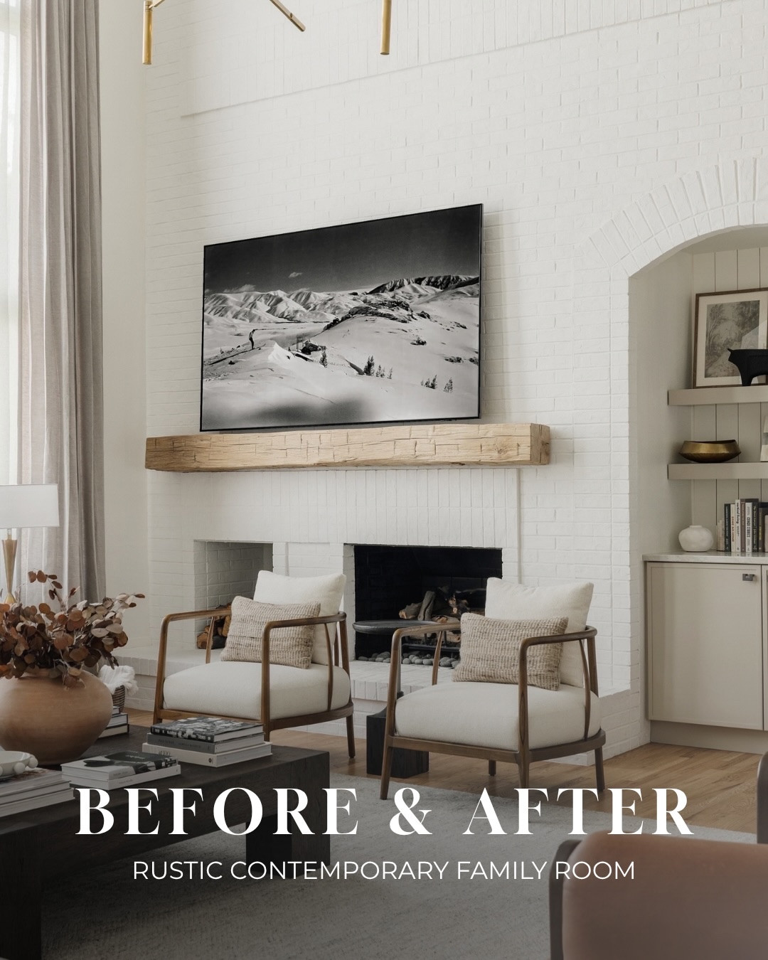 A room this large can be surprisingly hard to get right.

With soaring ceilings, a 17-foot fireplace wall, and a generous footprint, this family room didn’t need more “stuff”—it needed the right living room layout, scale, and layers to make it feel warm, connected, and inviting.

For our #ProjectRusticContemporaryRanch family room, we created multiple conversation areas with a large sectional and four accent chairs, then layered in an oversized rug, custom drapery, sculptural lighting, large-scale art, and plenty of natural texture. The floor-to-ceiling brick fireplace received a lime slurry treatment, which softened the entire room.

Changing original brick can be controversial, and I certainly don’t think every brick fireplace needs to be painted or covered. In this case, my clients strongly disliked the original brick, and across a 17-foot wall, it carried too much visual weight for the quieter, more contemporary palette they wanted. The lime slurry softened the color while allowing some of the brick’s natural texture and variation to remain.

The before felt expansive but a little disconnected. The after feels grounded, comfortable, and intentional—proof that in a large living room, scale matters just as much as style.

One of my favorite parts of a transformation like this is seeing how the furniture plan, textiles, art, and styling can completely change the way a room feels.

Design // @peggyhaddadinteriors
Photography // @amandaproudfit

#peggyhaddadinteriors #ModernRusticDesign #OpenConceptLiving #RusticContemporary DenverInteriorDesigner LargeLivingRoom ModernRusticDesign LivingRoomBeforeAndAfter LivingRoomLayout DenverInteriorDesigner