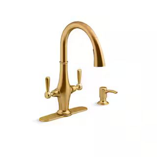 KOHLER Pannier Two-Handle Pull Down Sprayer Kitchen Faucet in Vibrant Brushed Moderne Brass K-R29... | The Home Depot