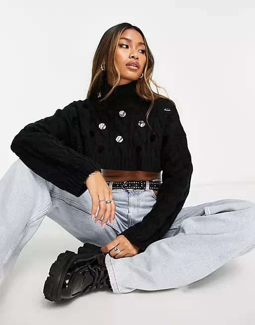 ASOS DESIGN super crop cable sweater with high neck and large sequins in black | ASOS (Global)