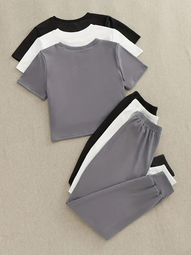 3 Sets Solid Lounge Set, Crew Neck Short Sleeve Top & Lace Up Pants, Women's Loungewear & Sleepwe... | Temu Affiliate Program