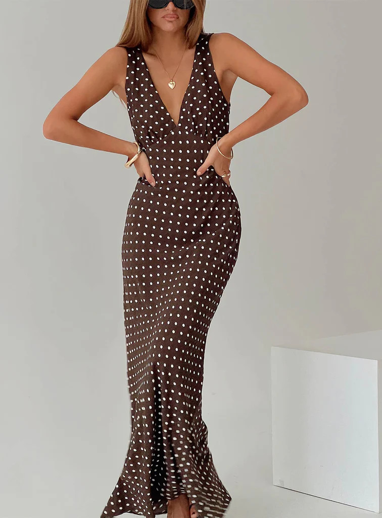 Nellie Maxi Dress Brown Polka Dot | Princess Polly US