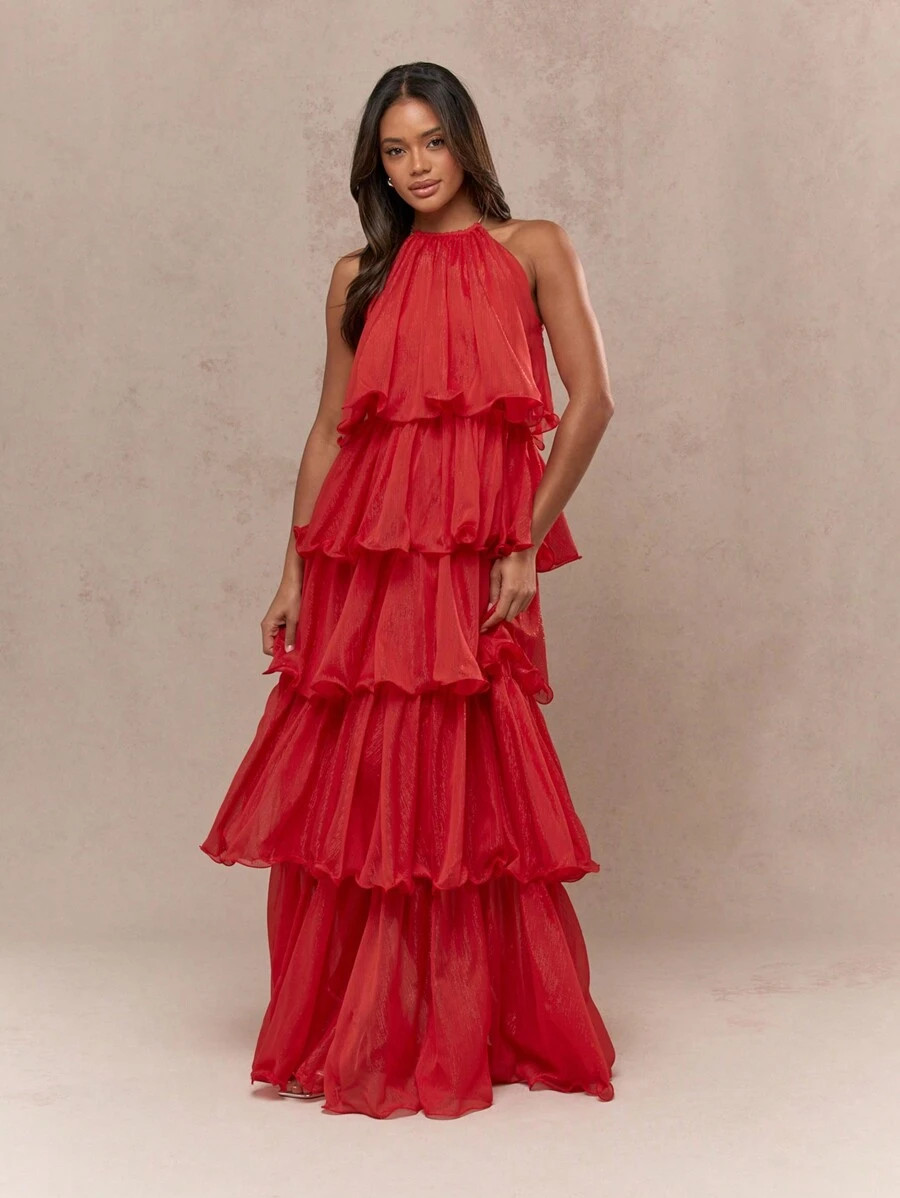 MISSGUIDED Metal Threading Tiered Ruffle Detail Halter Neck Maxi Dress | SHEIN