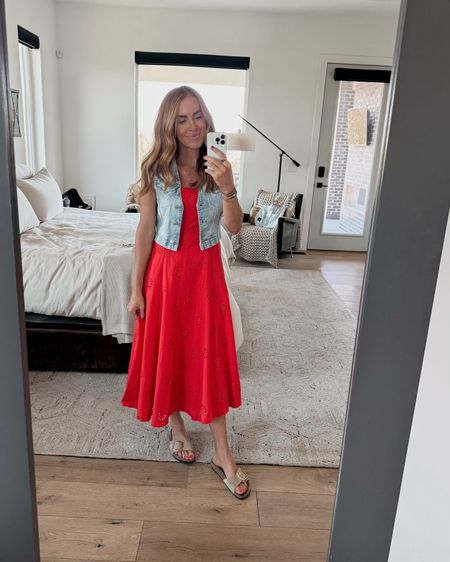 These jean vests are super trendy and I’m loving this one. I sized up to a medium in and am in a small in the dress. How pretty is the red? @walmartfashion #WalmartPartner #WalmartFashion