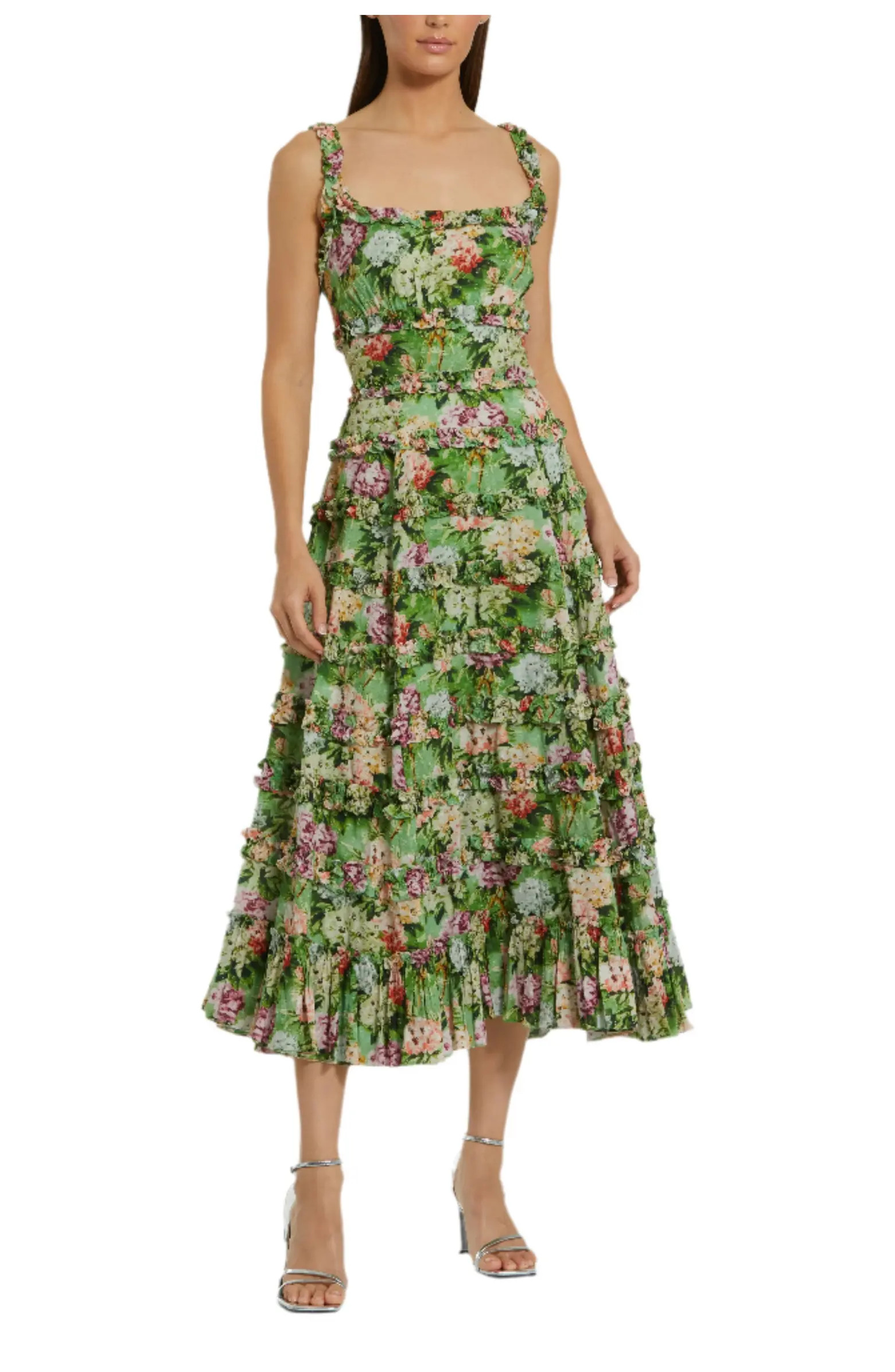 Mac Duggal Ruffle Floral Square Neck Midi Dress | Nordstrom | Nordstrom