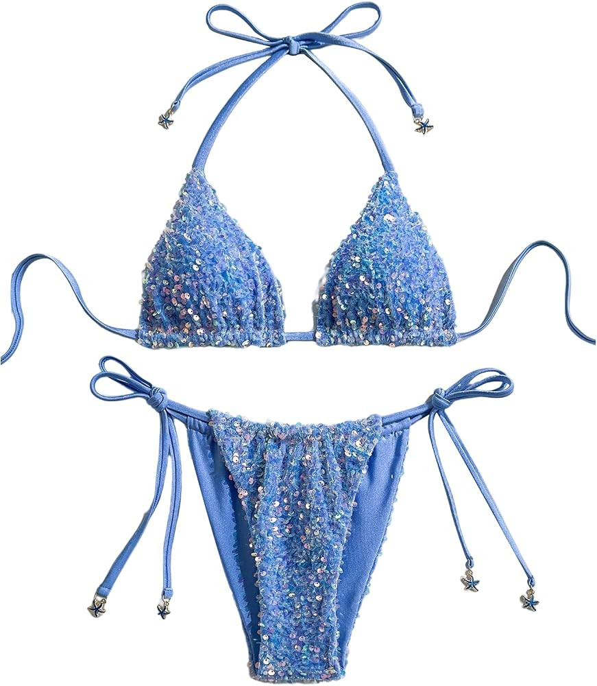 Floerns Women's Bikini Sets Sparkly Sequin Triangle Halter Swimsuit String Tie Side Two Piece Bat... | Amazon (US)