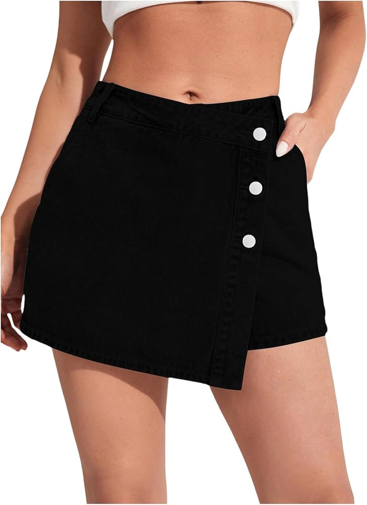 WDIRARA Women's High Waisted Button Front Denim Skort Asymmetrical Hem Skirt Shorts | Amazon (US)