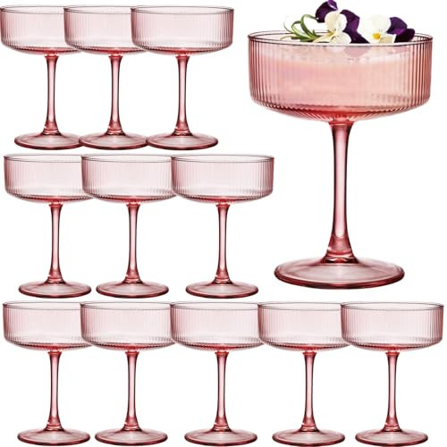 Martini Glasses Set of 12,Vintage Champagne Cocktails Glasses,10.5 Ounces Large Pink Ribbed Coupe Drinking Wine Glasses Goblet,Margarita Glasses for Bar,Dessert,Cocktail Glassware Gift Set Luxury | Amazon (US)