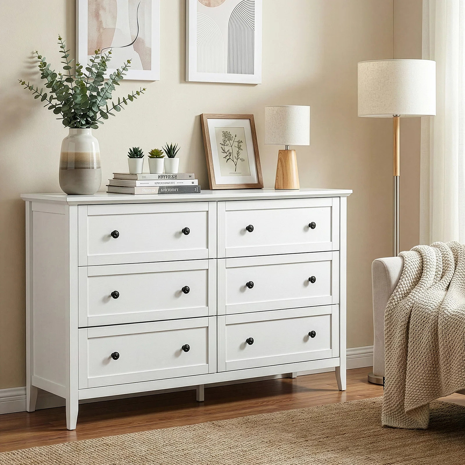 47 Inch Six Drawer Cabinet With Double Row Dual Handles Frame Design Melamine Finish | Wayfair North America