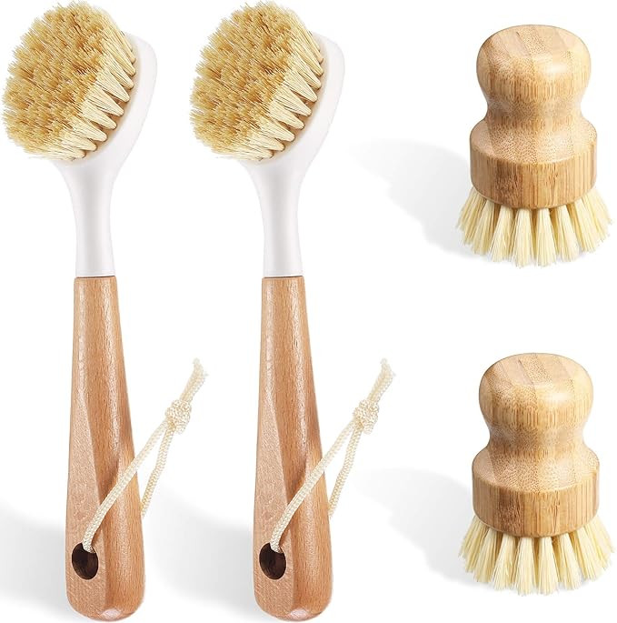 4 Pieces Bamboo Kitchen Dish Scrub Cleaning Brush Long Handle Pan Pot Brush Dish Bowl Washing Coc... | Amazon (US)