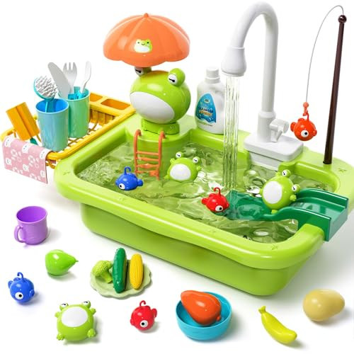 Play Sink with Running Water, Kitchen Play Sink Toy with Electric Faucet, Play Kitchen Accessories, Floating Pool Toys & Fishing Game, Kids Pretend Play-Dishwasher Play Set for Boys Girls Toddlers | Amazon (US)